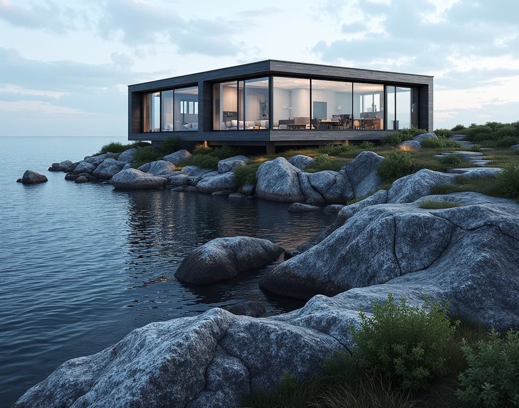 Rectangle glass modern house on the ocean